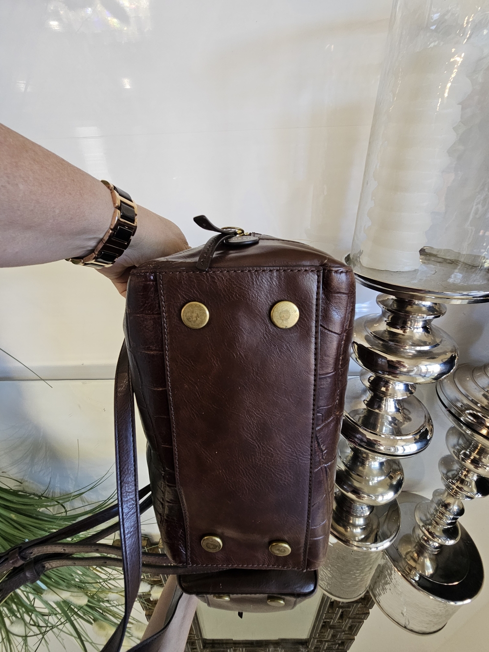 Fossil Sydney  Dark Brown Croc-Embossed Leather Satchel - Picture 6 of 12